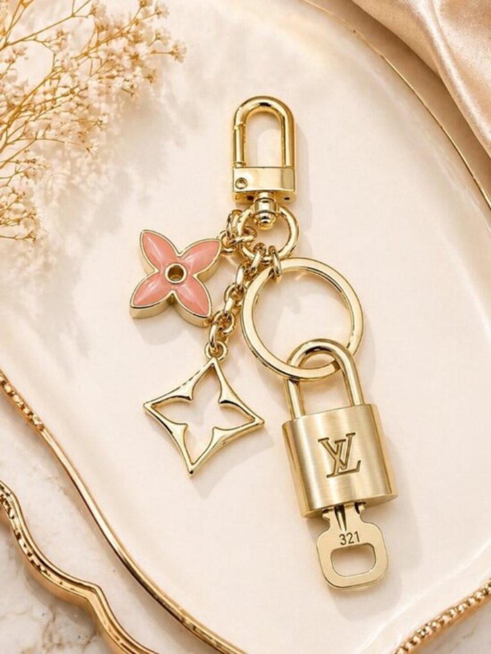 Authentic Louis Vuitton Gold Lock & Key ✨ Unbranded Flower Bag Charm Keychain